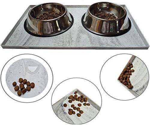 Dogbelly rutschfeste Napfunterlage 50 x 30 cm Marmoreffekt für Katze Hund Fressnapf-Unterlage hoher Rand wasserdicht