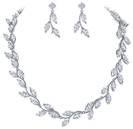 Clearine Zirkonia Schmuckset Blumenblatt Halskette und Baumel Ohrringe Set Damen Hochzeit Brautschmuck Klar Silber Ton