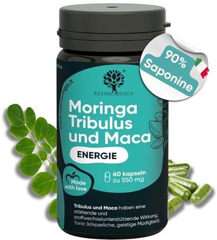 Tribulus Terrestris 90% Saponine Steroidee Maca Fieno Greco | Integratore Energia Booster Moringa BIO | Sostegno Massa Muscolare | Tribulus Alto Dosaggio | 100% Naturale | RedMoringa® (60 Capsule)