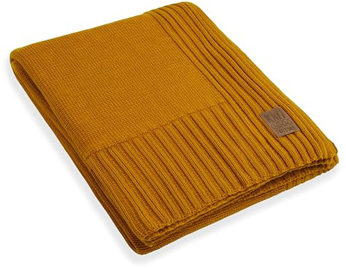 KNIT FACTORY - Uni Gestrickte Decke XL - Wohndecke - Kuscheldecke - Gestrickte Sofadecke - Plaid aus Wolle - Wolldecke - Ocker - 195x225 cm