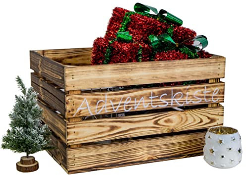 Kistenkolli Altes Land geflammte Adventskiste Weihnachtskiste mit Aufschrift Obstkiste Weinkiste Weihnachtsdeko Adventskalender (geflammt mit weisser Aufschrift, L 50 x 40 x 29cm)