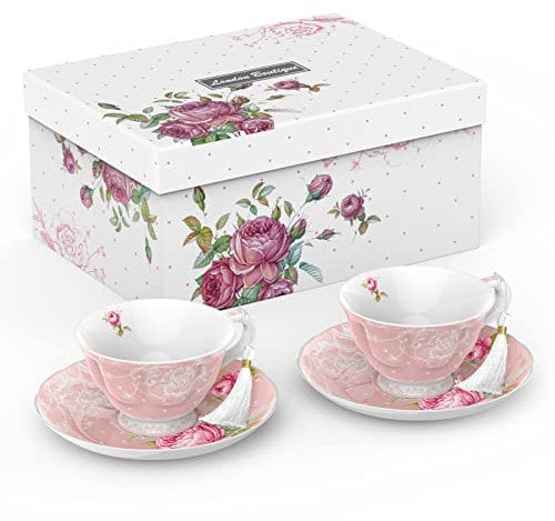 London Boutique Tea Cup and Saucer Set 2 Afternoon Tea Set New Bone China Vintage Flora Gift Box 200m (Pink)