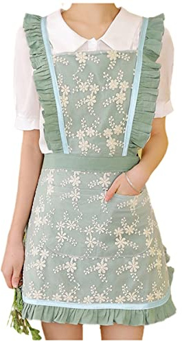 DNLKWGO Vintage-Schürze mit Kreuzrücken, bestickt, mit Taschen, Grün , Einheitsgröße