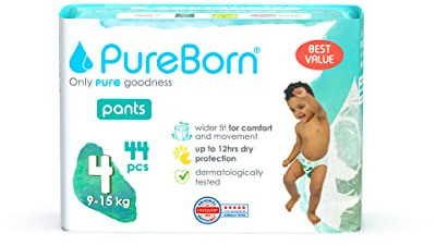 PureBorn 44 Windelhöschen Größe 4 (9-15 kg), Ultra-Saugfähig, Hypoallergen, Weich & Sanft für Babys, Dermatologisch Getestet, Auslaufsicher, Umweltfreundlich aus Bambus
