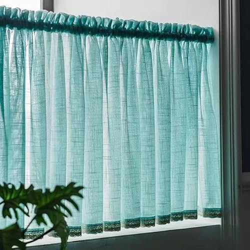 Devola Kurzgardine Leinenoptik Scheibengardinen Modern Kurz Küche Gardine Bistrogardine Halb Transparent Kleine Fenstervorhänge Kurzstore mit Stangendurchzug BxH 150x40cm Türkis 1 Stück