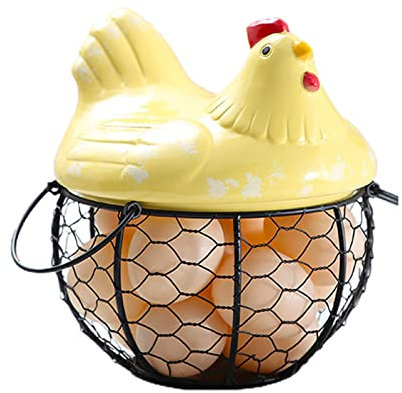 JYCRA Egg Storage Basket,Egg Collecting Basket with Handle,Aesthetic Metal Wire Egg Storage Basket with Ceramic Lid for Kitchen,Yellow