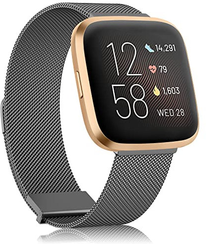 AK Armband Kompatibel mit Fitbit Versa 2/Fitbit Versa/Fitbit Versa Lite Armband, Edelstahl Metall Ersatzarmband mit Verbesserter Magnet für Damen Herren (Space Grau)