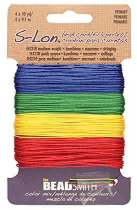 The Beadsmith S-Lon Perlenschnur – 0,5 mm gedrehte Nylonschnur zum Auffädeln, TEX210, Primärfarben-Mix, 4 Farben, 9,1 m je Farbe