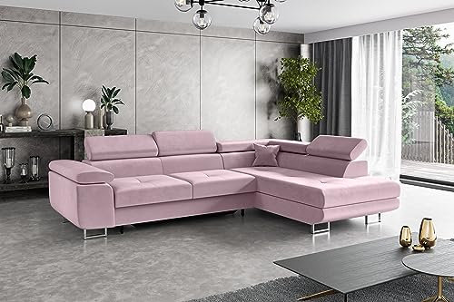 ALTDECOR Ecksofa rechts mit Schlaffunktion und Bettkasten mit Gasdruckfeder, Polstercouch in L-Form rechts angeordnet, rückenecht gepolstert, ideal als Gästebett - GUSA - 272x202 cm Rosa