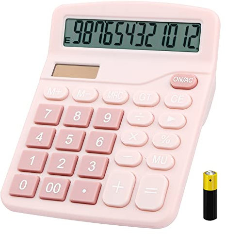 Desk Calculator, Envysun Compact 12-Digit Solar Battery Office Electronic Calculator with LCD Display, Dual Power Desktop Scientific Calculators (Pink)