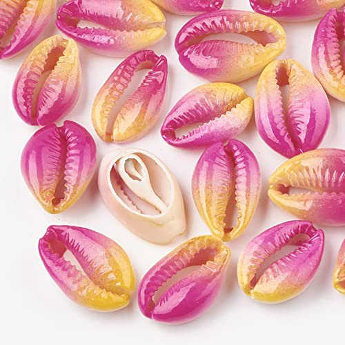 Lot de 20 perles de coquillage de cauris rose et jaune non percées - Deux tons - Imprimé spirale - Perles d'espacement en vrac - 20 à 26 mm - Pour remplissage de vase, aquarium, décoration à faire