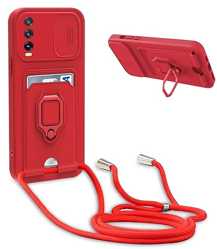 Handykette Schutzhülle kompatibel mit Vivo Y20/Y20i/Y20S/Y12A/Y12S/Y11S Handyhülle mit Band,Schiebe Kameraschutz,360 Grad Ringhalter Stand,Kartenfach,Verstellbarer Halskette Silikon hülle - Rot