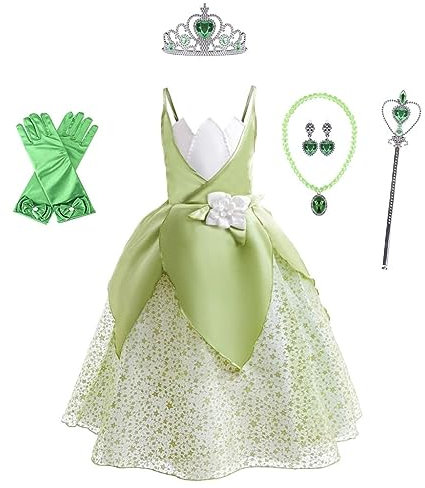 Lito Angels Deguisement Costume Robe de Princesse Tiana avec Accessoires pour Enfant Fille Taille 8-10 ans, Vert (étiquette en tissu 130)