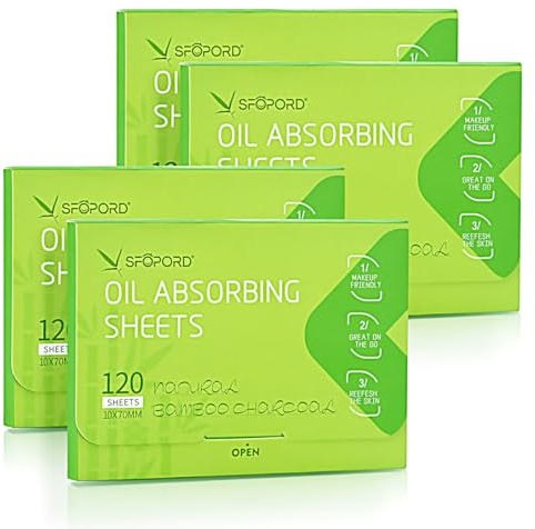 SFOPORD 4 Pack (480 sheets) Oil Absorbing Sheets with Bamboo Charcoal