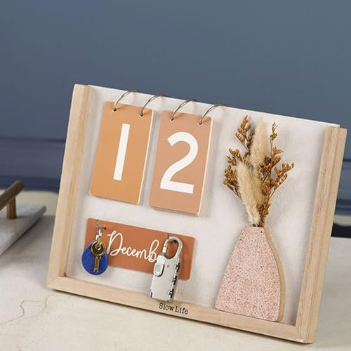Kalender 2024, Tischkalender 2024, Holz-Tischkalender 2024, Stehtischkalender, Planer, Trockenblumen-Tischkalender 2024, monatlich, Monats- und Datumsanzeige, kreative Blume