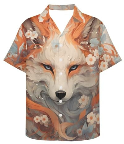 ENLACHIC T-shirts hawaïens à manches courtes avec imprimé peinture à l'huile Van Gogh pour homme, Renard en fleurs de cerisier japonais, Taille 7XL