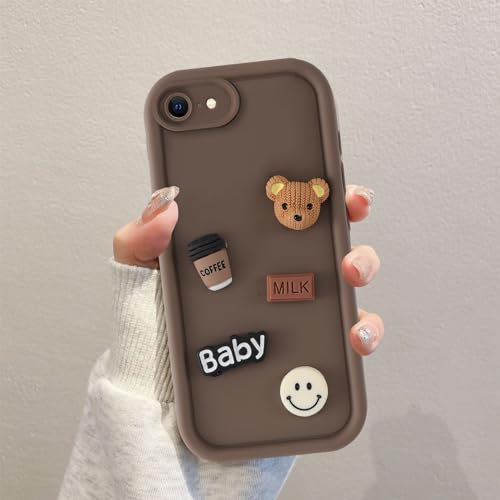 Coalbooliy Handyhülle für iPhone 7/8/iPhone SE 2022/SE 2020 hülle 4,7'', Aesthetic 3D Teddybär Muster Design Kaffeefarbe Weiche Silikon Stoßfest Kameraschutz Schutzhülle Dünn Case für iPhone 8, 01