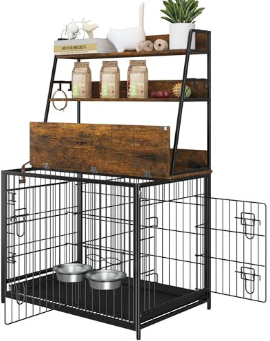 GarveeLife Furniture Style Dog Crate, Indoor Basic Dog Cage with 3-Layer Storage Shelves, Flip-up Top End Table Dog Cage, Dog Kennel Furniture with Adjustable Bowls, 37.4 L x 24.4 W x 57.1 H,Brown