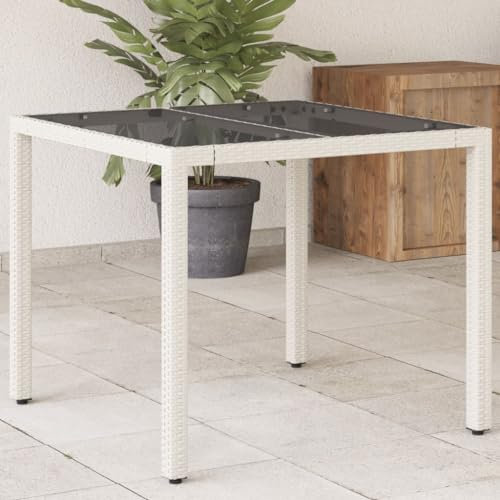 TEHTX7 Gartentisch - Garten Balkon Terrasse Balkontisch Beistelltisch mit Glasplatte Weiß 90x90x75 cm Poly Rattan