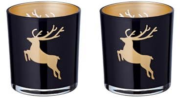 EDZARD Teelichtglas ELSA 2er-Set (Höhe 8 cm, Ø 7 cm), schwarz, innen Gold | Hirsch-Motiv leuchtet golden im Kerzenschein · 2er-Set für Esstisch und Fensterbank · für Teelichter
