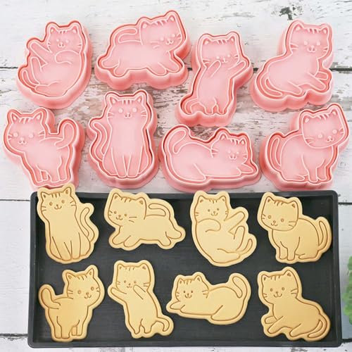 Lot de 8 emporte-pièces en forme de chat 3D pour cupcakes, crêpes, tartes aux pommes, biscuits, fruits, sandwich, décorations de fête (chat)
