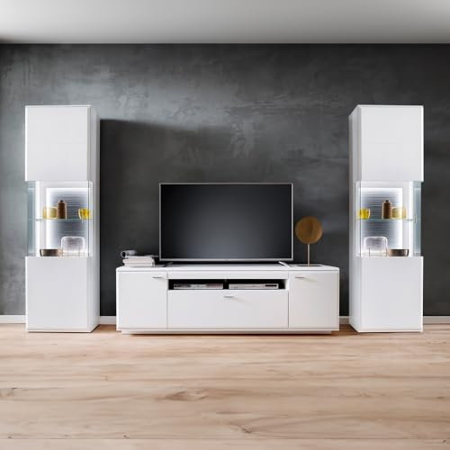 Lomadox Wohnwand TV-Wand weiß matt modern 3-teilig mit 1 Lowboard, 2 Vitrinen, inkl. LED Beleuchtung