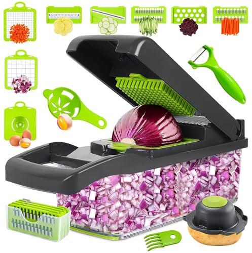 16-in-1 Vegetable Chopper with 8 Blades, Veggie Slicer & Dicer, Food Chopper with Container & Lid, Onion Chopper, Salad Chopper