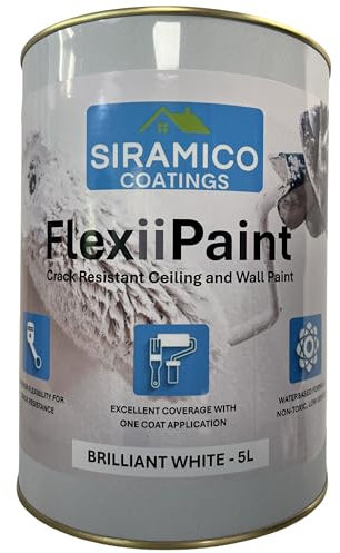 SIRAMICO COATINGS FlexiiPaint | White - 5 Litre | Crack Resistant Ceiling and Wall Paint (White, 5 Litre)
