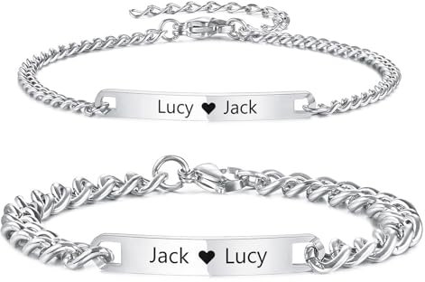 INBLUE Personalizado Pareja Pulseras Set Su y Su Grabado Nombre Personalizado Acero Inoxidable Ajustable Cadena Cubana Novio Novia Regalos Relación a Larga Distancia Parejas Regalos - C1