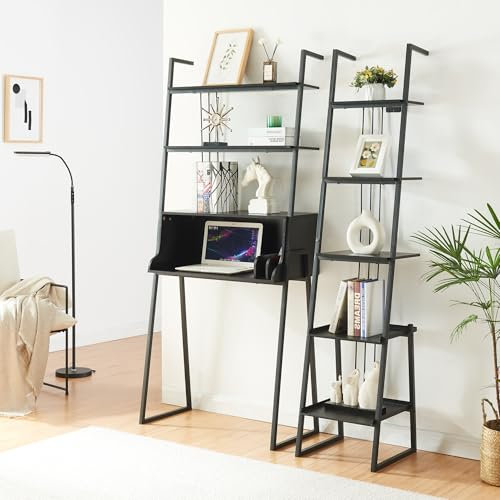 [en.casa] Set di 2 Mobili per Soggiorno Ufficio Composto di Scrivania con Ripiani in Alto e Scaffale Stretto da Terra Mobili a Scala in Stile Industriale - Nero