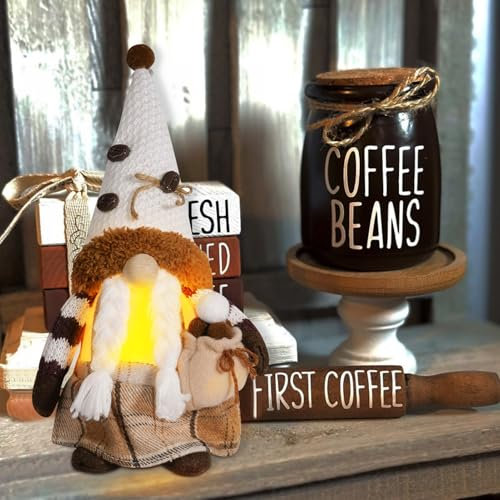 ACAREY Kaffee Wichtel mit Beleuchtung, Frühlings Deko Wichtel Sommer Wichtel Figuren mit LED Licht Erntedankfest Plüsch Rudolph Puppe Schwedischer Tomte Wichtel für Außen & Innen Deko (B)