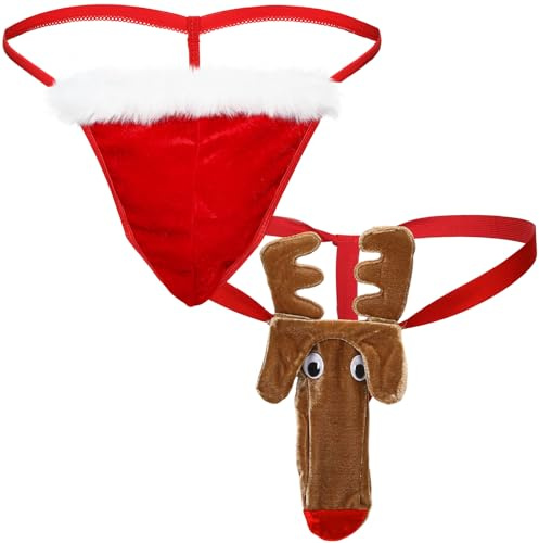 Boyiee 2 Stück Männer Mankini Elefant Unterwäsche Elch Herren Strings Weihnachten G-String Low Rise Thong Geschenk für Männer(Rot,Weihnachtsmütze)