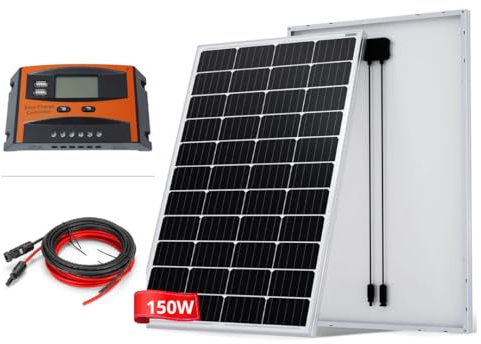 MAPLES Kit Pannello Solare 150W + regolatore di carica PWM 30A LCD + Cavi Per camper, barca, luci autonome, cancelli remoti con connettori MC4 (150W)
