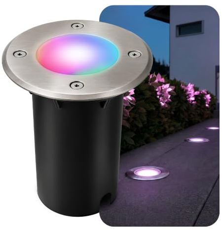 SSC-LUXon KALPA Bodeneinbaustrahler silber rund Smart GU10 WLAN RGBW IP67 | Befahrbarer Erdstrahler bis 2000kg - per App & Sprache steuerbar, RGB-Farblicht, reihenschaltbar, IP67, inkl. GU10 LED