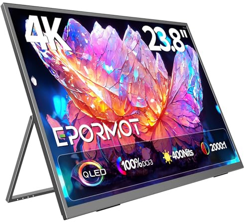 EPORMOT Monitor portatile 4K 23,8, 3840x2160 UHD 24 QLED Large Monitor, 400 Nits | 100% DCI-P3 | USB-C & HDMI | VESA e cavalletto | Secondo schermo per computer, mini PC, console di gioco