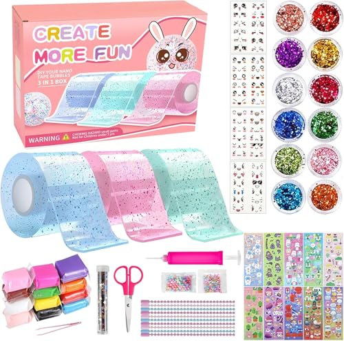 QINGHEC 63 Stück Nano Tape Bubbles Set, DIY Bubble Tape Nano Klebeband Kit mit 3 Rollen Nanoband Doppelseitig, Squishy Spielzeug Bastelset, Nanoband für Kinde Toys, Party Favors Geschenke