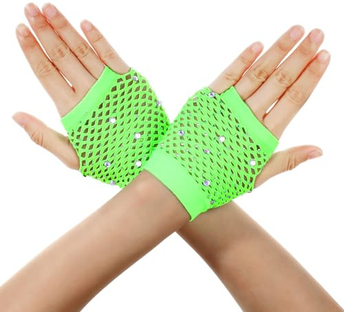 Lusofie Netzhandschuhe mit Strasssteinen Damen 90er Kurze Nylon 80er Jahre Partyzubehör Netz Fingerlose Fischnetz Handschuhe für Cosplay Halloween Netz Stulpen Pinke Neon Party Accessoires