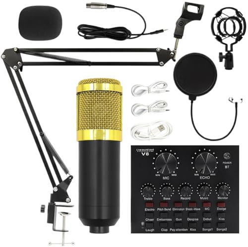 Kit de micrófono, kit de transmisión en , micrófono de condensador con soporte de choque, tarjeta de sonido con base de metal, equipo de grabación para uso de juegos de podcast, construcción ABS