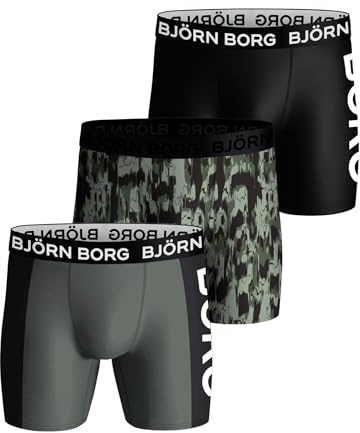 Björn Borg Men's Performance Boxers 3-Pack – Sports Underwear with Moisture-Wicking Microfiber – Quick-Dry (UK, Alpha, L, Regular, Regular, Black/Print/Grey)