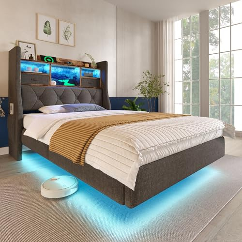 Polsterbett Einzelbett 90x200 cm, Schwebebett Jugendbett mit LED-Beleuchtung, Stauraum-Kopfteil und USB Type-C Ladestation, Funktionsbett Bettgestell mit Holz Lattenrost, Leinen, Ohne Matratze, Grau