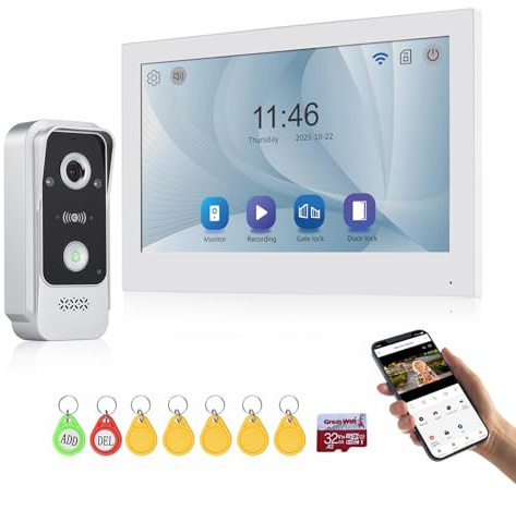 QttyElok WiFi 2 Hilos Videoportero Timbre 1080P HD Sistema Intercomunicador Video, 10 Pulgadas Monitor Táctil con Cámara, Visión Nocturna, Detección de Movimiento, Desbloqueo con App/Tarjeta RFID