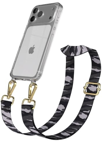 EAZY CASE Handykette - Verstellbares Taschenband kompatibel mit iPhone 17 Pro Max, Schulterriemen, Handykordel mit Silikon Hülle, Umhängetasche, Grau Camouflage Gold