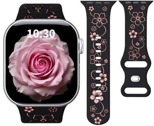 Coiwxmoi Bracelet Montre Silicone Floral Gravés Compatible avec Apple Watch | pour Apple Watch 38mm 40mm 41mm 42mm 44mm 45mm 49mm, Bracelet pour iWatch Series 11 10 9 8 7 6 5 4 3 2 1 SE Ultra pour Femme