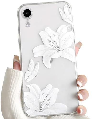 NITITOP for iPhone XR Case Clear Cute Flower Lily, White | for Women Girls, Aesthetic Floral Butterfly Design, Transparent Soft TPU Shockproof Cover, Full Camera Protection