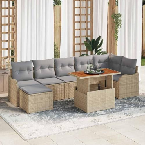LoogCape Garten-Sofa-Set mit Speicher 8-teilig, Beige Poly Rattan, Modulares Outdoor Lounge Möbel für Terrasse und Balkon, Inklusive Kissenbox
