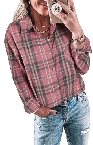 Imily Bela Camicia da donna a quadri, casual, a maniche lunghe, in flanella, a quadretti, a maniche lunghe., Colore: rosa., S