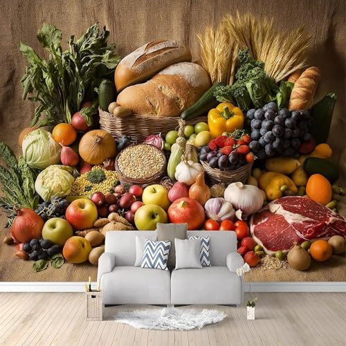 3D Fotomurale Frutta Verdura Cereali 450x315 cm, Carta da Parati in TNT per Camera Soggiorno Ufficio, Murale Cibo da Incollare, Colla Non Inclusa, Decorazione Parete Moderna 135o