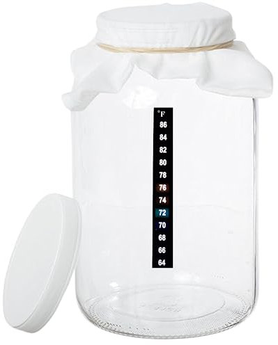 kitchentoolz 1 galón Glass Jar Kombucha-Inicio elaboración de la cerveza y la fermentación Kit Filtro con gasa, de la goma, tapa de plástico y autoadhesivo Termómetro de Gaza