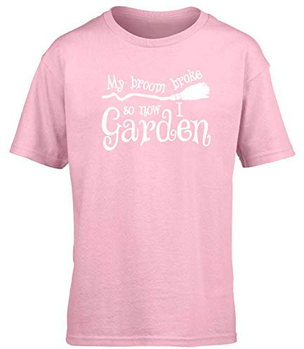 Hippowarehouse My Broom Broke So Now I Garden Kids Children's Short Sleeve t-Shirt Pink