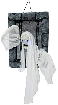 EUROPALMS Halloween Figur Geist im Knast | Gefängnisfenster mit Geister-Insasse als Wanddekoration | Blau blinkende LED-Augen | Herausstehende Arme formbar | Höhe 46cm